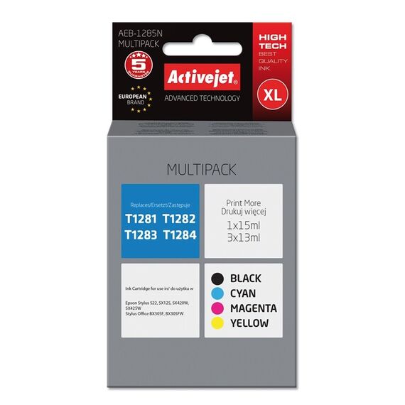 Activejet AEB-1285N Ink (replacement for Epson T1281, T1282, T1283, T1284; Supreme; 1 x 15 ml, 3 x 13 ml; black, magenta, cyan, yellow) | Techbox