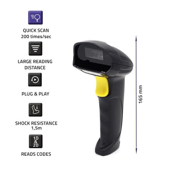 Qoltec 50853 Laser barcode scanner 1D | 2D | Black - POS & Barcode Scanners - Peripherals - Techbox
