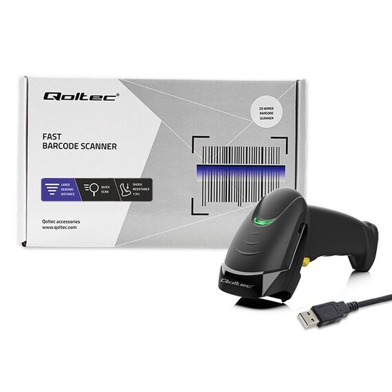 Qoltec 50853 Laser barcode scanner 1D | 2D | Black - POS & Barcode Scanners - Peripherals - Techbox