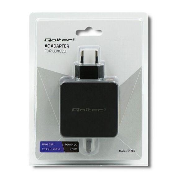 Qoltec 51766 Power adapter for Lenovo 65W | 20V |3.25A | Slim tip+pin | Techbox