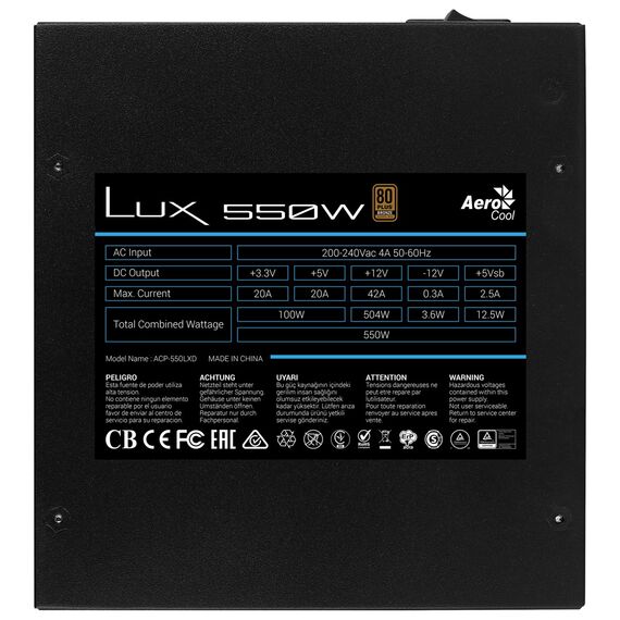 Aerocool LUX 550W power supply unit 20+4 pin ATX ATX Black - PSU - Laptops & PC Builds - Techbox