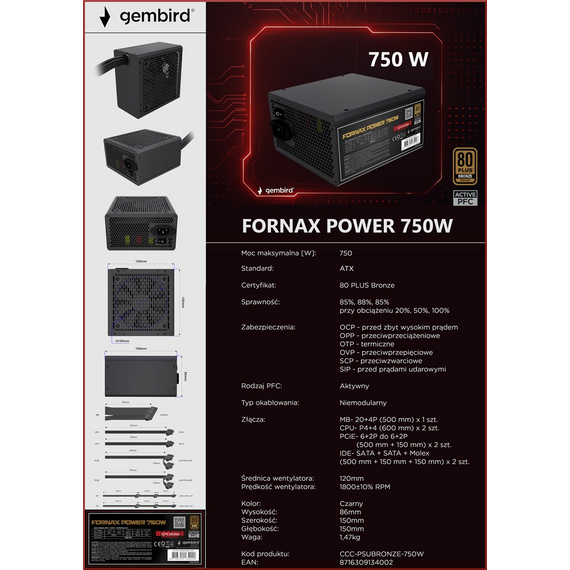 Gembird CCC-PSUBRONZE-750W Power supply unit Fornax Power 750W active PFC 12cm fan 80+Bronze color box | Techbox