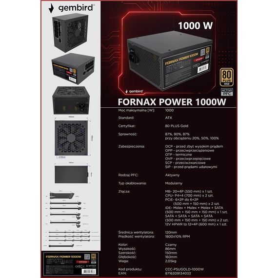 Gembird CCC-PSUGOLD-1000W Power supply unit Fornax Power 1000W active PFC 12cm fan 80+Gold | Techbox