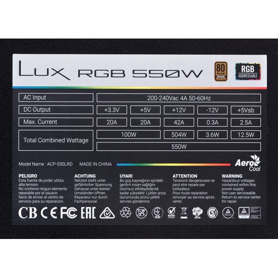 Aerocool Lux RGB 550M power supply unit 550 W Black - PSU - Laptops & PC Builds - Techbox