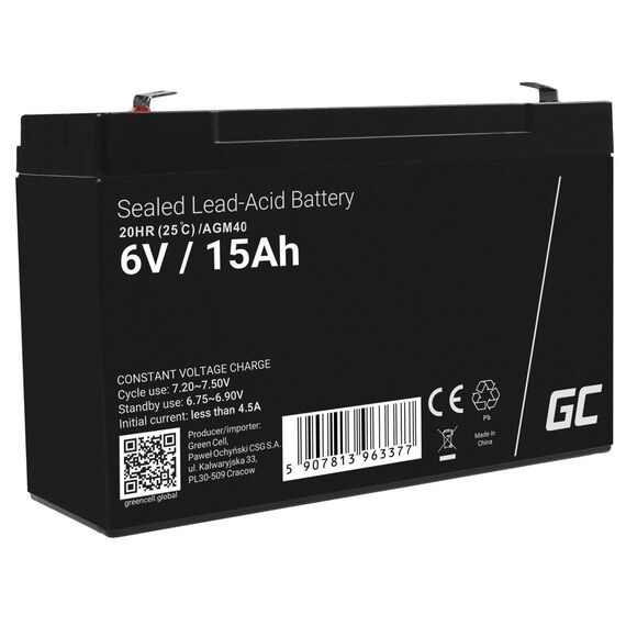 Green Cell AGM40 UPS battery Sealed Lead Acid (VRLA) 6 V 15 Ah - UPS Batteries - Surge Protection - Techbox