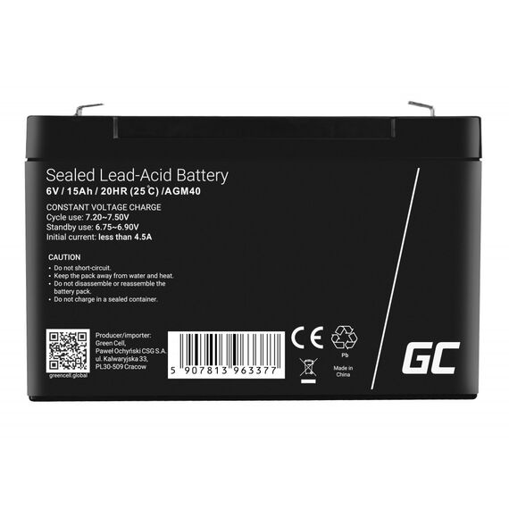Green Cell AGM40 UPS battery Sealed Lead Acid (VRLA) 6 V 15 Ah - UPS Batteries - Surge Protection - Techbox