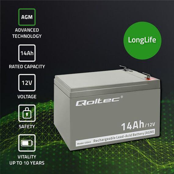 Qoltec 53045 AGM battery | 12V | 14Ah | max. 210A - UPS Batteries - Surge Protection - Techbox
