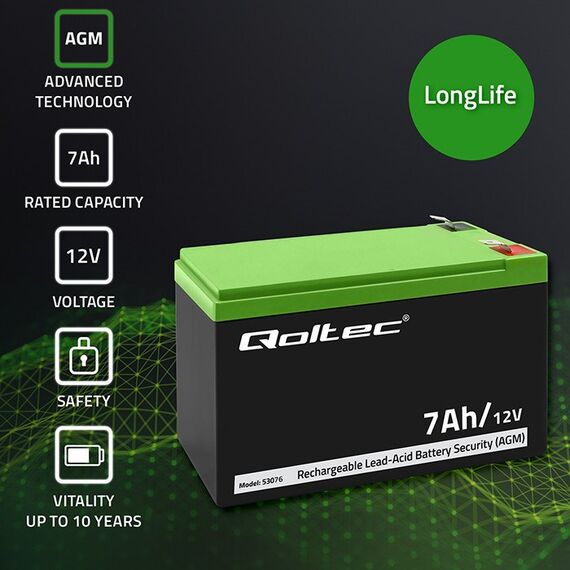 Qoltec 53076 AGM battery | 12V | 7Ah | max. 105A | Security | Techbox
