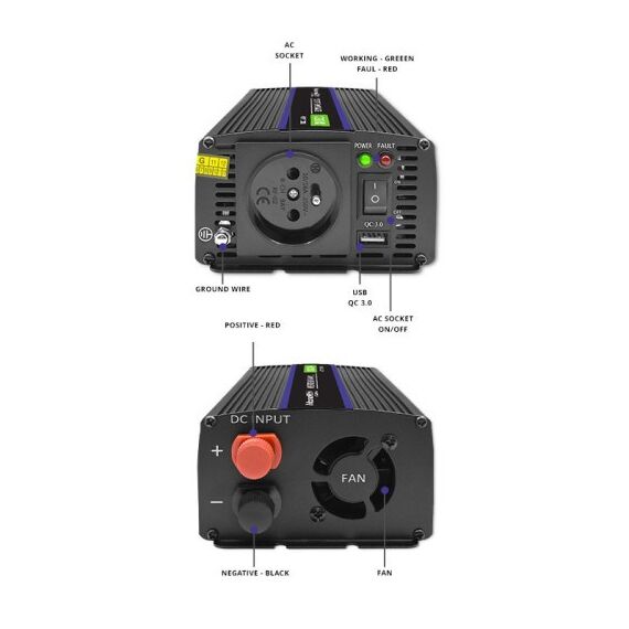 Qoltec 51925 Monolith voltage converter 1200 MS Wave |12V to 230V | 600/1200W | USB - Various - Auto & Moto - Techbox