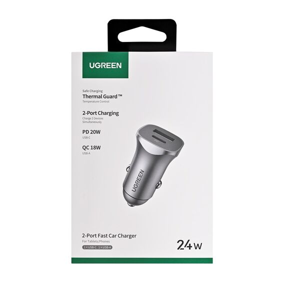 Ugreen USB Type-C / USB 24W Power Delivery Quick Charge car charger, grey (30780) - Car Chargers - Smartphone Chargers - Techbox