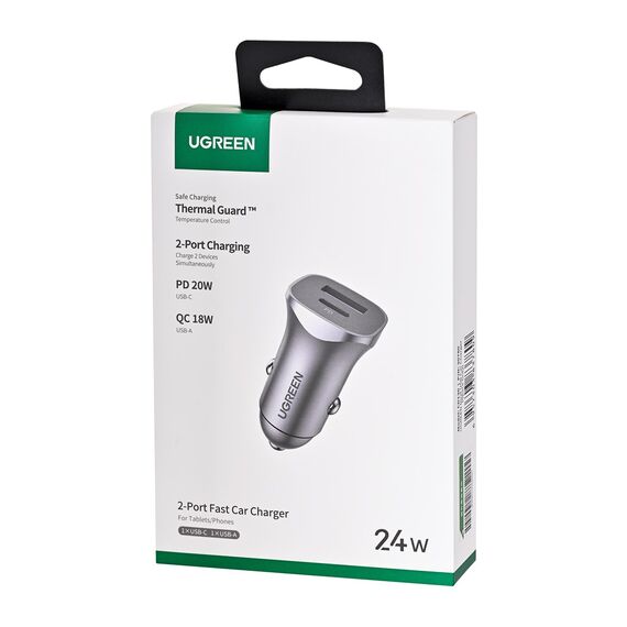 Ugreen USB Type-C / USB 24W Power Delivery Quick Charge car charger, grey (30780) - Car Chargers - Smartphone Chargers - Techbox