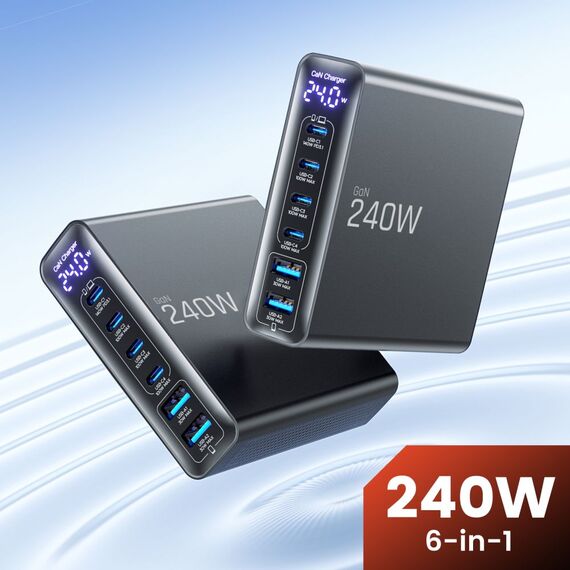 Tech-Protect DC240W-GaN Charging Station 6 Ports 4 x USB-C 2 x USB-A 240W QC3.0 - Black