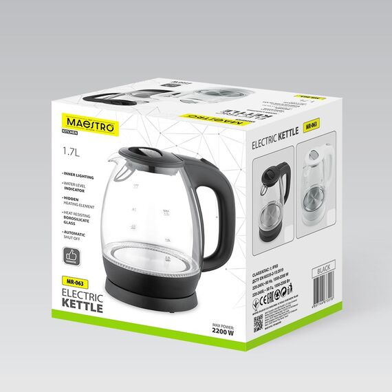 Maestro MR-063-Black Glass Electric Kettle 1,7 L - Kettles - Coffee & Beverages - Techbox