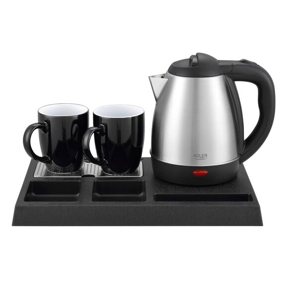 Adler AD 1354 Hotel kettle stainless steel 1.2 L + tray with cups black, steel | Techbox