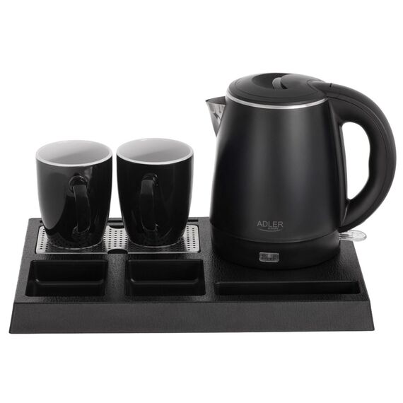 Adler AD 1387 Hotel kettle stainless steel 1 L + tray with cups black | Techbox