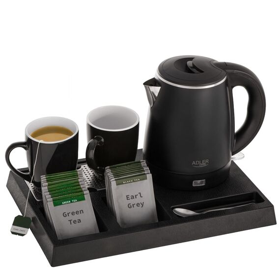 Adler AD 1387 Hotel kettle stainless steel 1 L + tray with cups black | Techbox