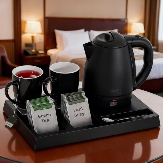 Adler AD 1387 Hotel kettle stainless steel 1 L + tray with cups black | Techbox