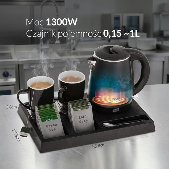 Adler AD 1387 Hotel kettle stainless steel 1 L + tray with cups black | Techbox