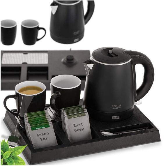 Adler AD 1387 Hotel kettle stainless steel 1 L + tray with cups black | Techbox