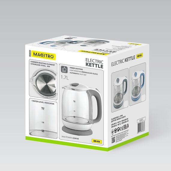 Maestro MR-056-Grey Glass Electric Kettle 1.7 L - Kettles - Coffee & Beverages - Techbox