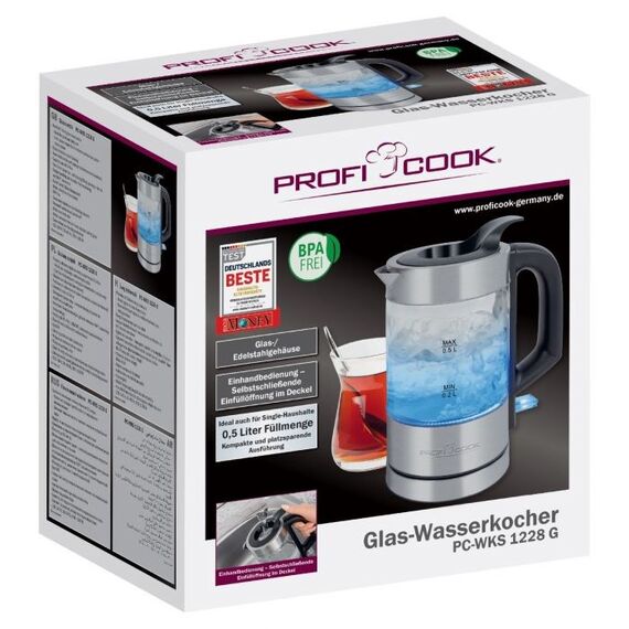 ProfiCook PC-WKS 1228 G electric kettle 0.5 L 1100 W Stainless steel, Transparent - Kettles - Coffee & Beverages - Techbox