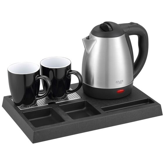 Adler AD 1354 Hotel kettle stainless steel 1.2 L + tray with cups black, steel | Techbox