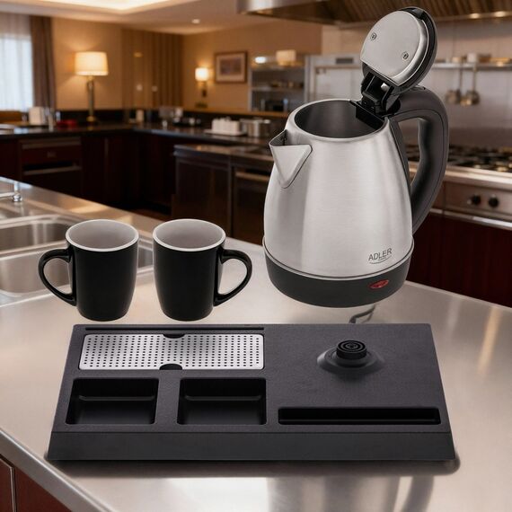 Adler AD 1354 Hotel kettle stainless steel 1.2 L + tray with cups black, steel | Techbox