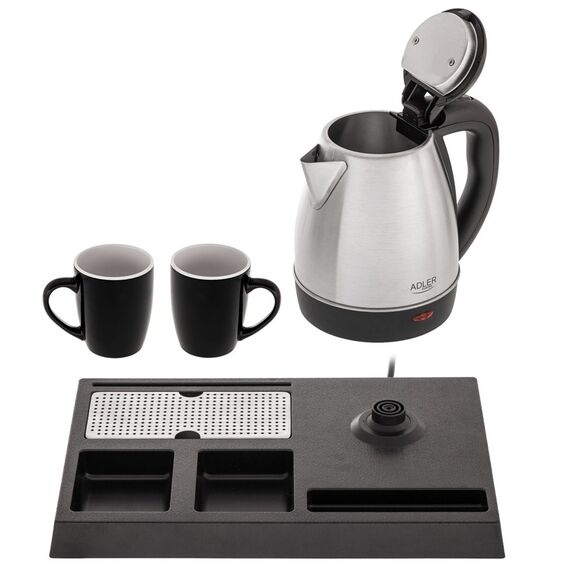 Adler AD 1354 Hotel kettle stainless steel 1.2 L + tray with cups black, steel | Techbox