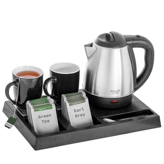Adler AD 1354 Hotel kettle stainless steel 1.2 L + tray with cups black, steel | Techbox