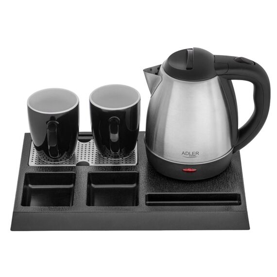 Adler AD 1354 Hotel kettle stainless steel 1.2 L + tray with cups black, steel | Techbox