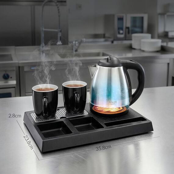 Adler AD 1354 Hotel kettle stainless steel 1.2 L + tray with cups black, steel | Techbox
