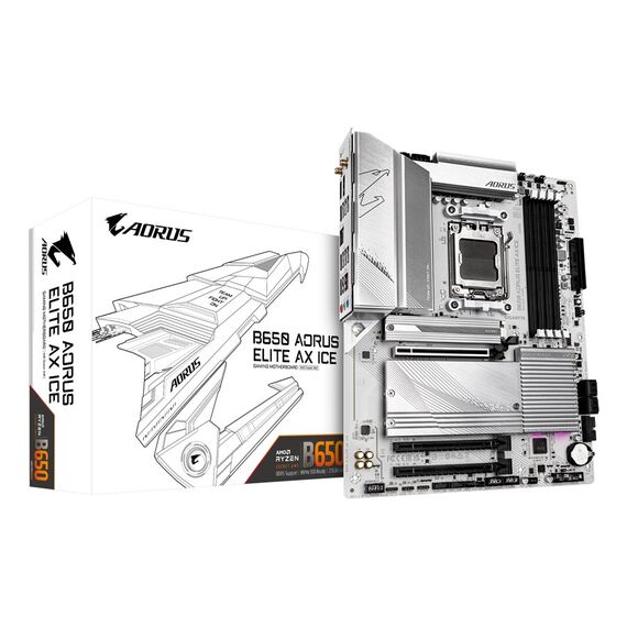 GIGABYTE B650 AORUS ELITE AX ICE Motherboard - Supports AMD Ryzen 9000 CPUs, 12+2+2 Phases Digital VRM, up to 8000MHz DDR5 (OC), 1xPCIe 5.0 + 2xPCIe 4.0 M.2, Wi-Fi 6E, 2.5GbE LAN, USB 3.2 Gen 2x2 | Techbox