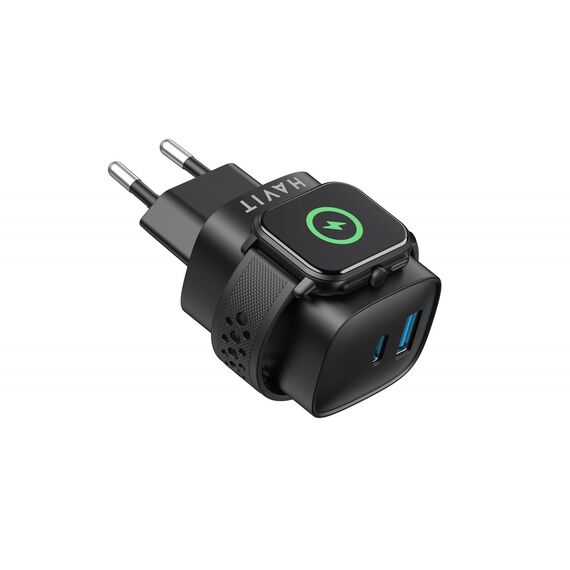 Havit UC132 EU - GaN 22 W dual-port charger with wireless charging option, black - Travel Chargers - Smartphone Chargers - Techbox