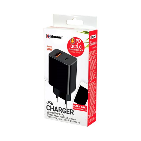 MSONIC NETWORK CHARGER USB+USB-C 20W QC3.0 PD MY6635K - Travel Chargers - Smartphone Chargers - Techbox
