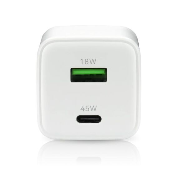 GaN mains charger with 1 x USB and 1 x USB-C Quick Charge 4.0 45W, white | Techbox