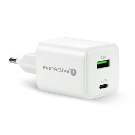 GaN mains charger with 1 x USB and 1 x USB-C Quick Charge 4.0 45W, white | Techbox