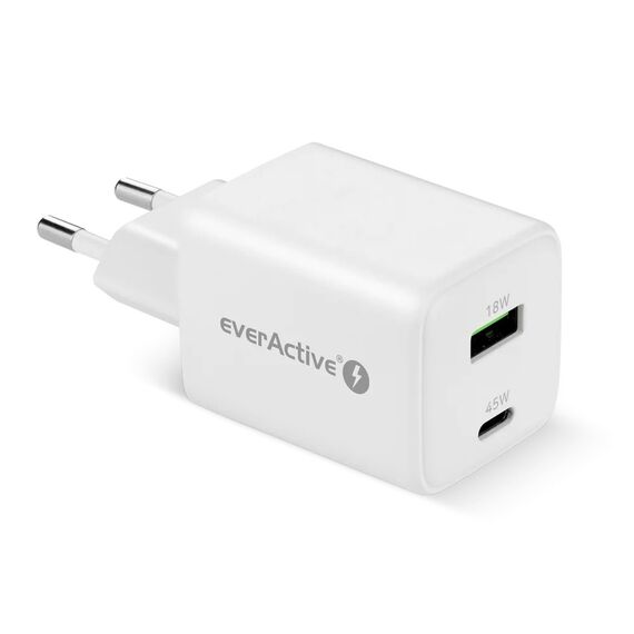 GaN mains charger with 1 x USB and 1 x USB-C Quick Charge 4.0 45W, white | Techbox