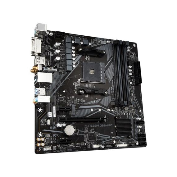 GIGABYTE A520M DS3H AC Motherboard - AMD Ryzen 5000 Series CPUs, 5+3 Phases VRM, up to 4733MHz DDR5 (OC), 1xPCIe 3.0 M.2, GbE LAN, WIFI 5, USB 3.2 Gen 1 | Techbox