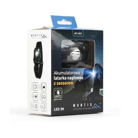 Montis Akumulatorowa latarka nagłowna z sensorem MT001 Black Headband flashlight LED | Techbox