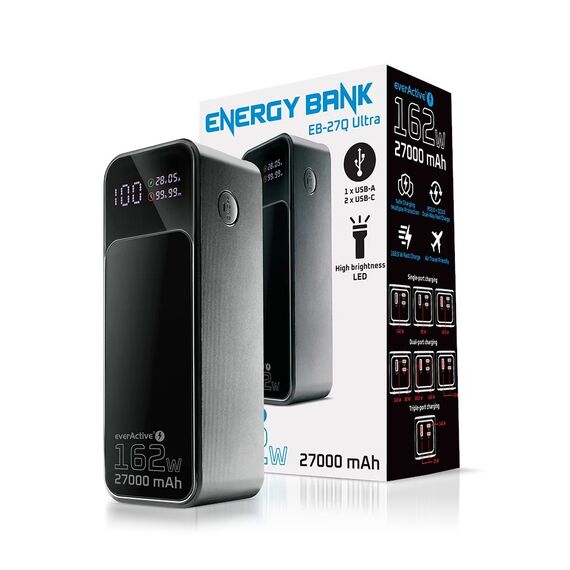 Powerbank 27 000mAh, 1x USB, 2x USB-C, 162,5W, QC4+, flashlight, LCD screen, black - Powerbanks - Smartphone Chargers - Techbox