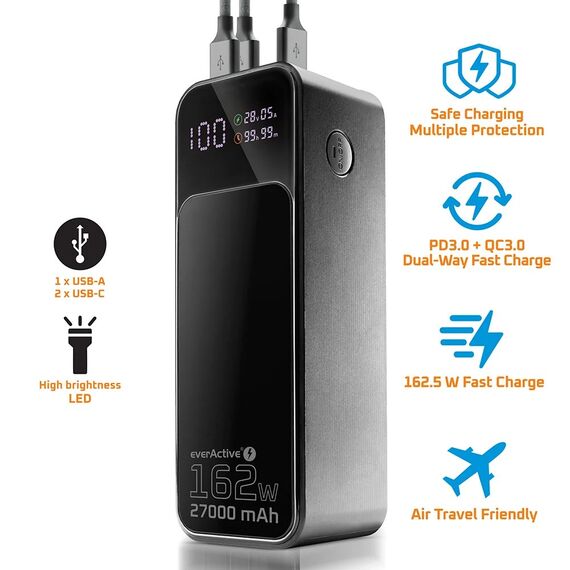 Powerbank 27 000mAh, 1x USB, 2x USB-C, 162,5W, QC4+, flashlight, LCD screen, black - Powerbanks - Smartphone Chargers - Techbox