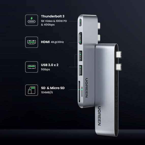 HUB Ugreen CM380 2xUSB C - HDMI/2xUSB 3.0/SD TF/USB C PD - gray | Techbox
