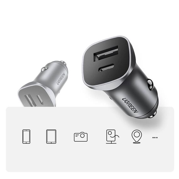 Ugreen CD130 USB-A / USB-C 30W Car Charger - Gray - Travel Chargers - Smartphone Chargers - Techbox
