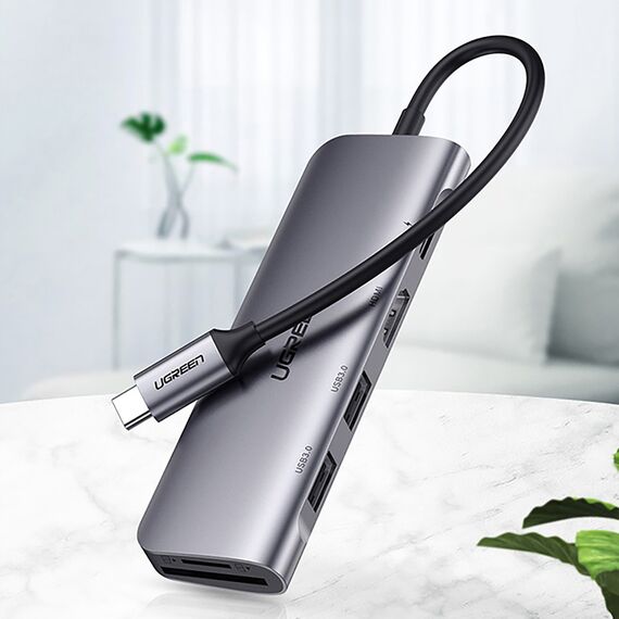 Ugreen CM195 ​​6in1 adapter USB-C - HDMI / 2x USB-A 3.0 / USB-C PD / SD / TF reader - gray | Techbox
