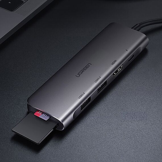 Ugreen CM195 ​​6in1 adapter USB-C - HDMI / 2x USB-A 3.0 / USB-C PD / SD / TF reader - gray | Techbox