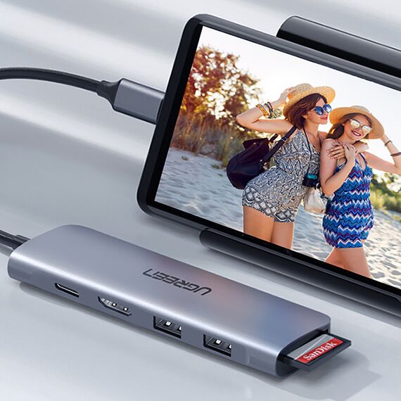 Ugreen CM195 ​​6in1 adapter USB-C - HDMI / 2x USB-A 3.0 / USB-C PD / SD / TF reader - gray | Techbox