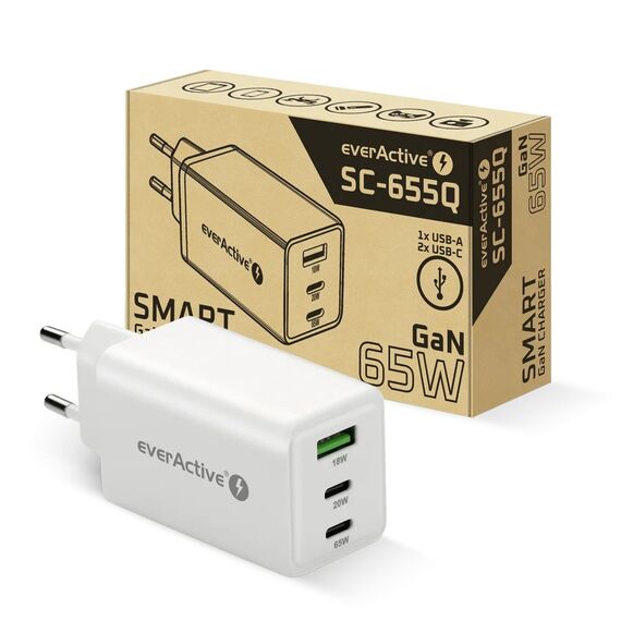 Charger GaN 1 x USB, 2 x USB-C Quick Charge 4+ 65W white | Techbox