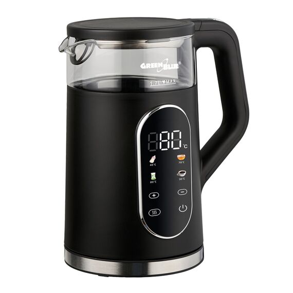 GreenBlue Cordless Electric Kettle, 1.7 L capacity, glass water tank, easy-to-read display, temperature selection, 2200 W, GB670 B