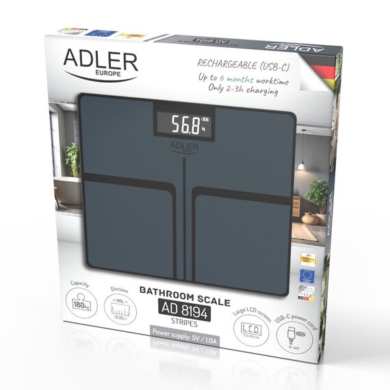 Bathroom scale ADLER AD 8194s STRIPES rechargeable USB-C Black