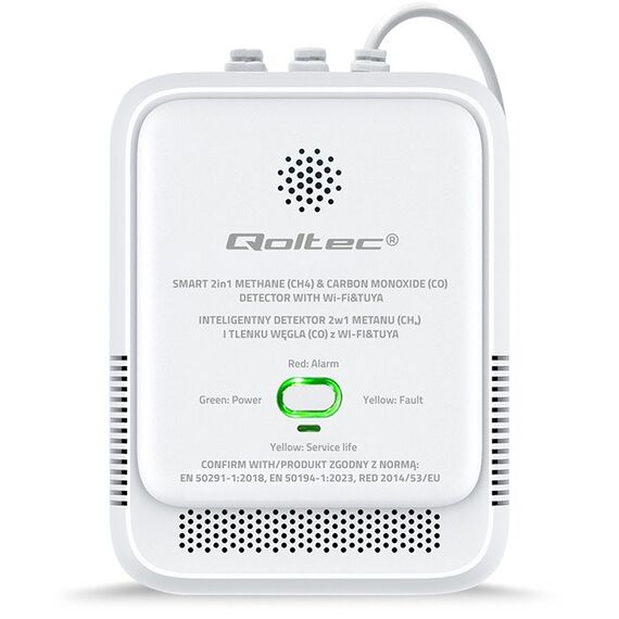 Qoltec 52654 2in1 natural gas and carbon monoxide (CO) leak detector | CH4 | CO | NG | Tuya | Wi-Fi | 85dB alarm | LED